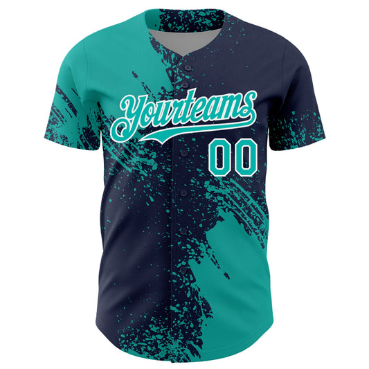 Custom Aqua Navy-White 3D Pattern Design Abstract Brush Stroke Authentic Baseball Jersey - Sky-Custom