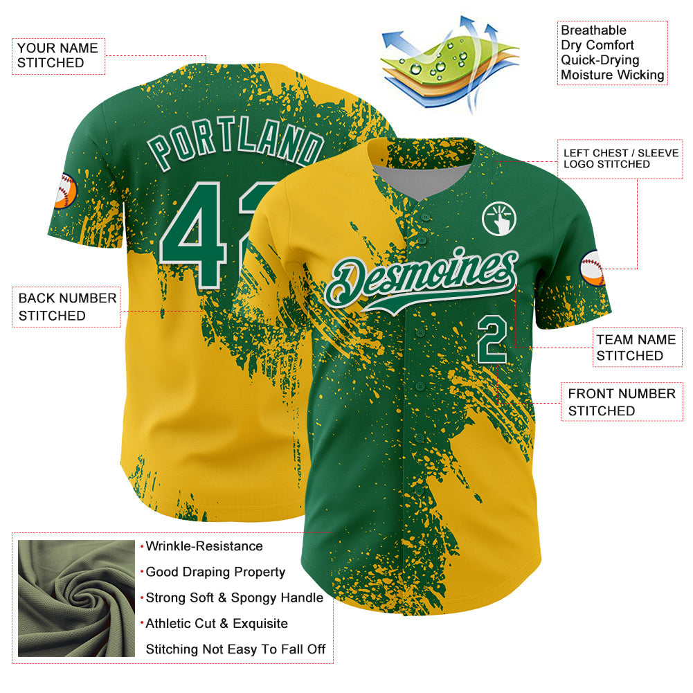 Custom Yellow Kelly Green-White 3D Pattern Design Abstract Brush Stroke Authentic Baseball Jersey - Sky-Custom