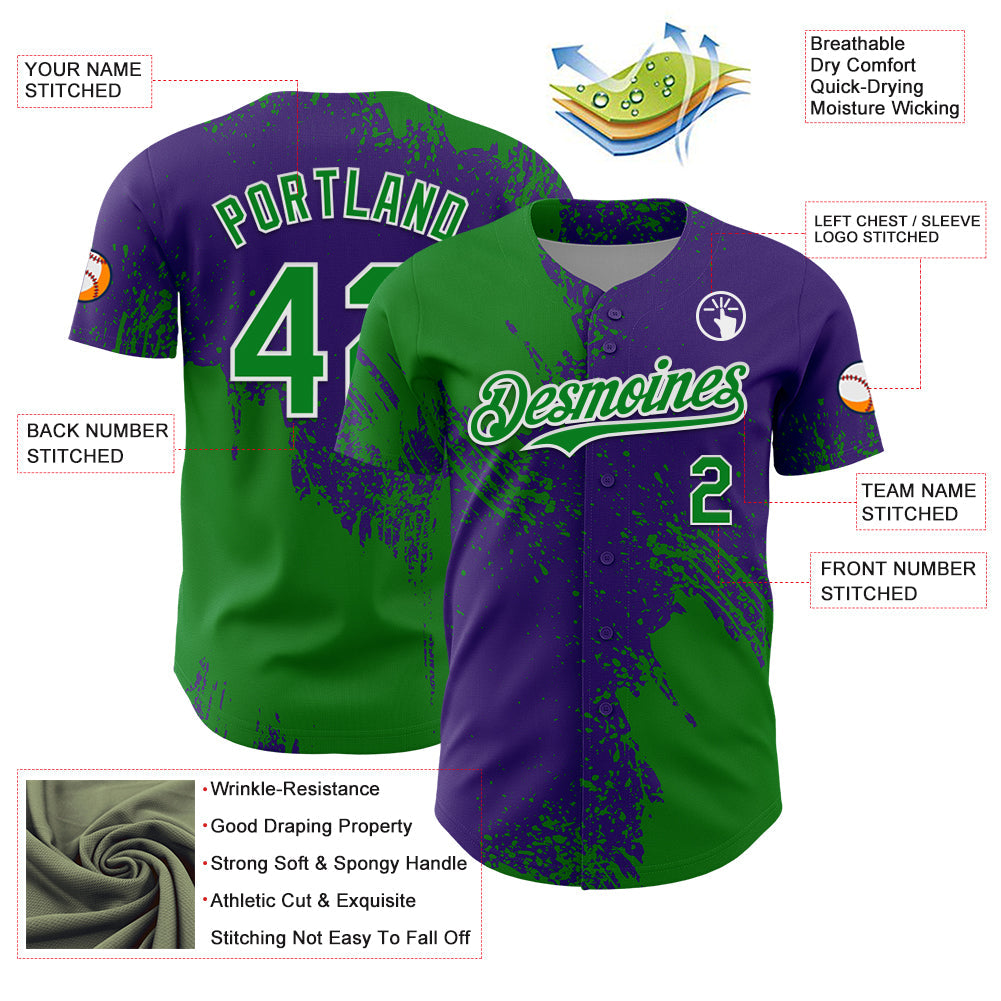 Custom Grass Green Purple-White 3D Pattern Design Abstract Brush Stroke Authentic Baseball Jersey - Sky-Custom