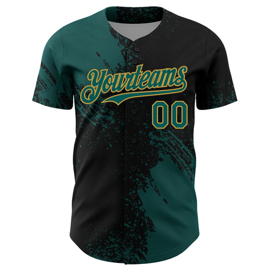 Custom Midnight Green Black-Old Gold 3D Pattern Design Abstract Brush Stroke Authentic Baseball Jersey - Sky-Custom