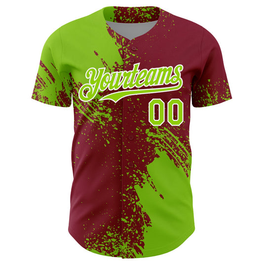 Custom Neon Green Crimson-White 3D Pattern Design Abstract Brush Stroke Authentic Baseball Jersey - Sky-Custom