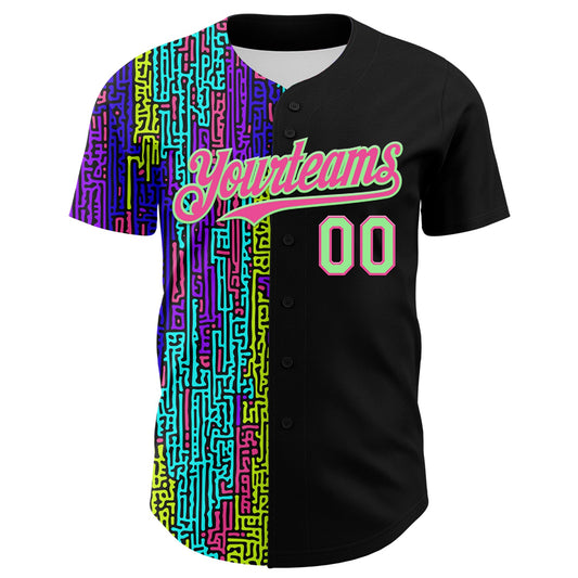 Custom Black Pea Green-Pink 3D Pattern Design Rave Psychedelic Neon Fluid Art Authentic Baseball Jersey - Sky-Custom