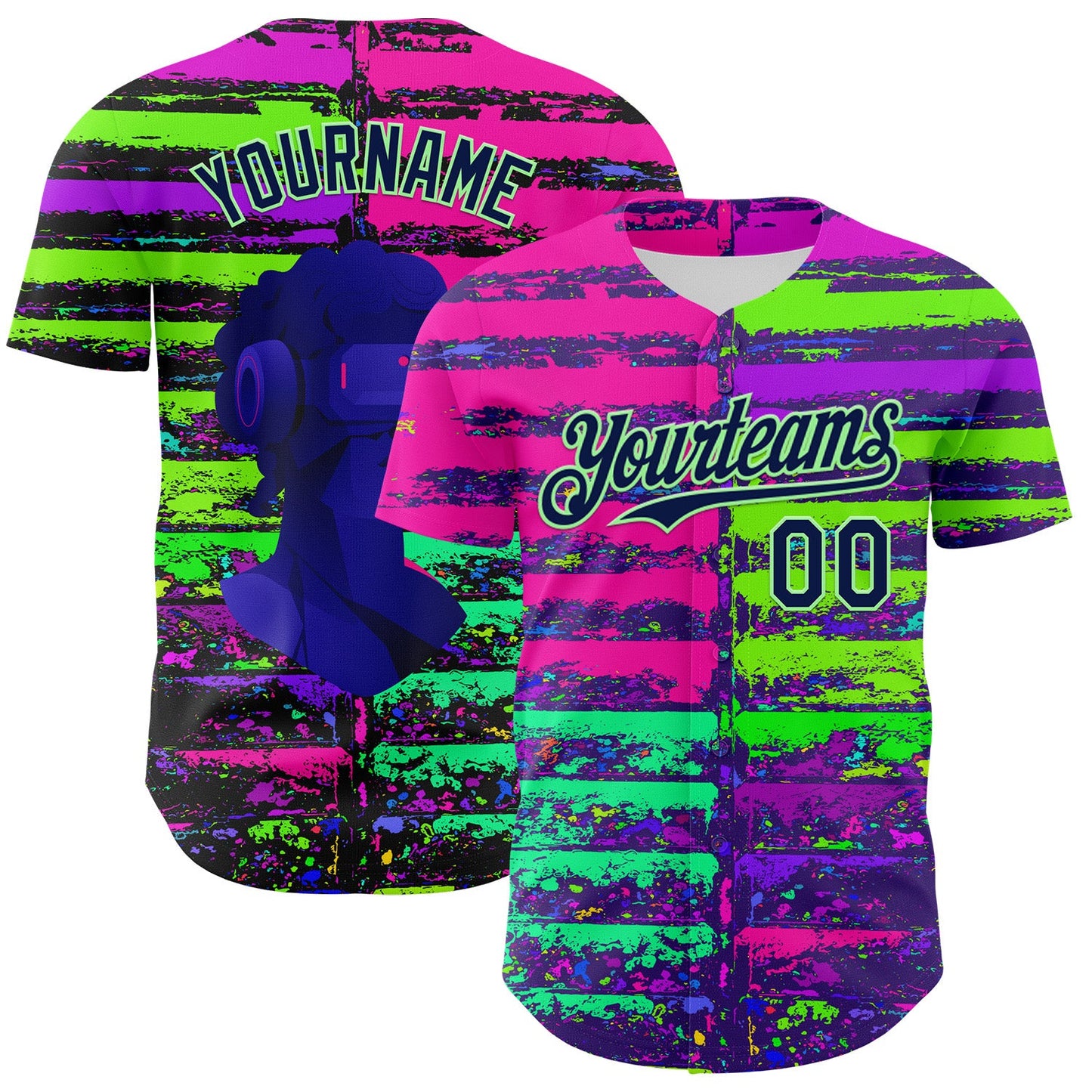 Custom Pink Navy-Pea Green 3D Pattern Design Rave Psychedelic Neon Fluid Art Authentic Baseball Jersey - Sky-Custom