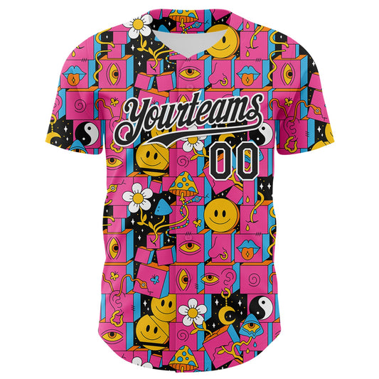 Custom Hot Pink Black-White 3D Pattern Design Rave Psychedelic Geometry Authentic Baseball Jersey - Sky-Custom