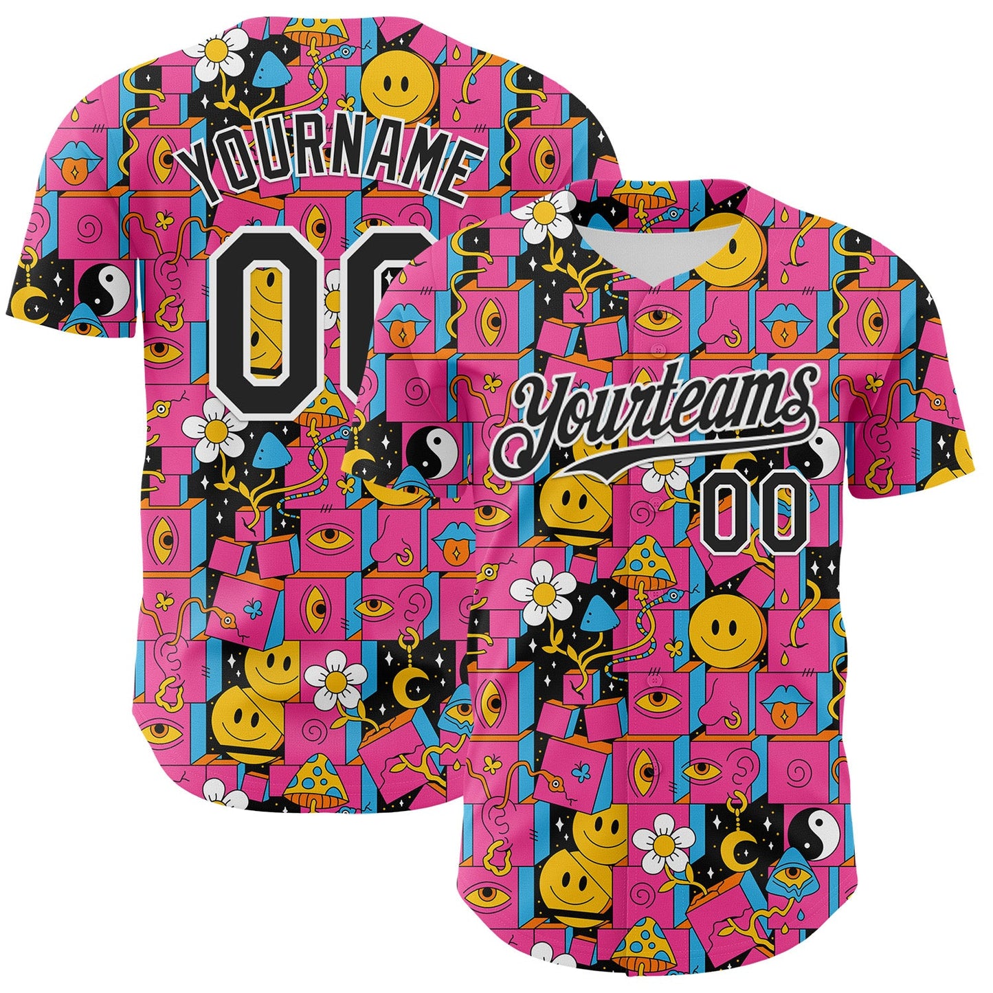 Custom Hot Pink Black-White 3D Pattern Design Rave Psychedelic Geometry Authentic Baseball Jersey - Sky-Custom