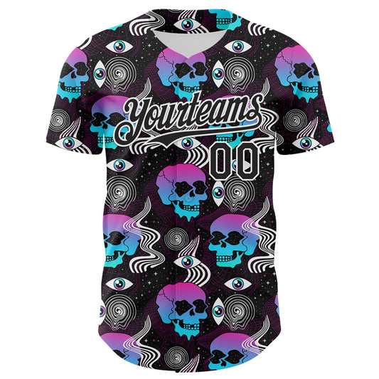 Custom Black White 3D Pattern Design Rave Psychedelic Skull Authentic Baseball Jersey - Sky-Custom