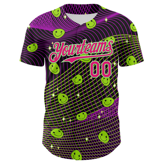 Custom Black Hot Pink-Pea Green 3D Pattern Design Rave Psychedelic Emoji Smile Authentic Baseball Jersey - Sky-Custom