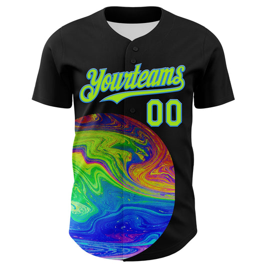 Custom Black Neon Green-Electric Blue 3D Pattern Design Rave Psychedelic Fluid Art Authentic Baseball Jersey - Sky-Custom