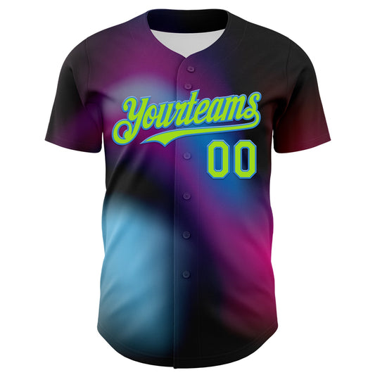 Custom Black Neon Green-Electric Blue 3D Pattern Design Rave Psychedelic Neon Dinosaur Authentic Baseball Jersey - Sky-Custom