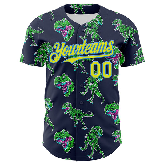 Custom Navy Neon Yellow-Electric Blue 3D Pattern Design Rave Psychedelic Neon Dinosaur Authentic Baseball Jersey - Sky-Custom