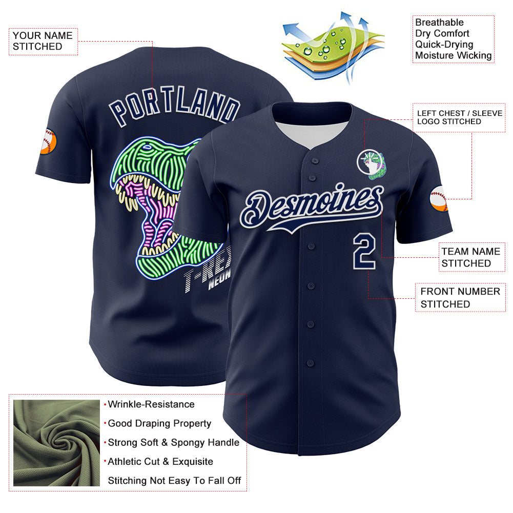 Custom Navy White 3D Pattern Design Rave Psychedelic Neon Dinosaur Authentic Baseball Jersey - Sky-Custom