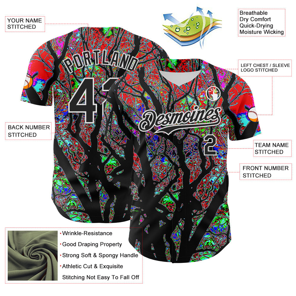 Custom Black White 3D Pattern Design Rave Psychedelic Tree Authentic Baseball Jersey - Sky-Custom