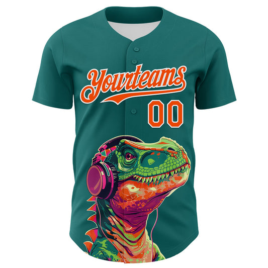 Custom Teal Orange-White 3D Pattern Design Rave Psychedelic Dinosaur Authentic Baseball Jersey - Sky-Custom