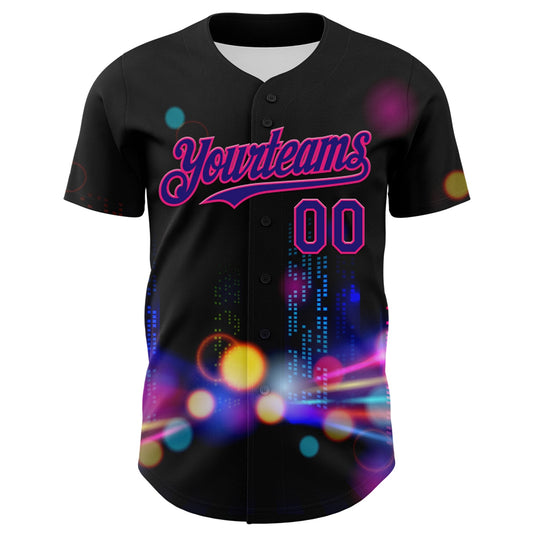 Custom Black Dark Purple-Hot Pink 3D Pattern Design Rave Psychedelic City Neon Authentic Baseball Jersey - Sky-Custom