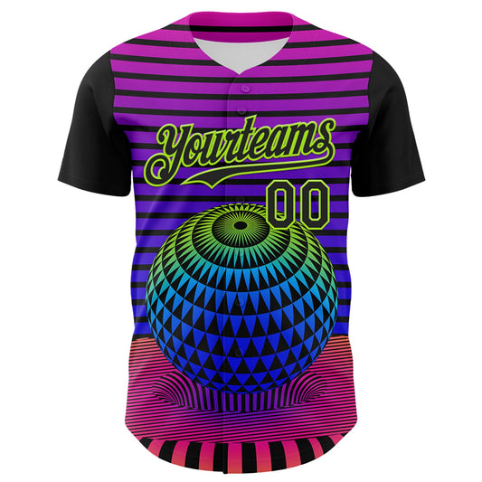 Custom Black Neon Green 3D Pattern Design Rave Psychedelic Geometry Authentic Baseball Jersey - Sky-Custom