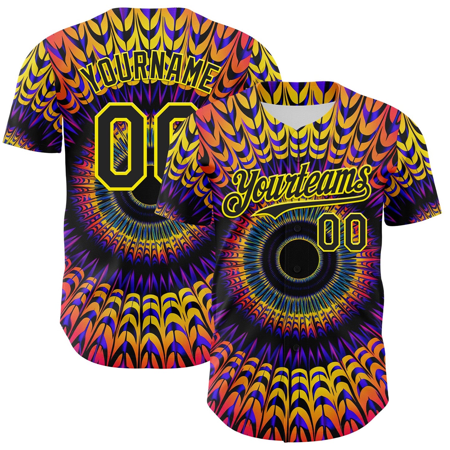Custom Black Light Yellow 3D Pattern Design Rave Psychedelic Fractal Style Authentic Baseball Jersey - Sky-Custom