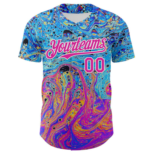 Custom Electric Blue Deep Pink-White 3D Pattern Design Rave Psychedelic Fluid Art Authentic Baseball Jersey - Sky-Custom
