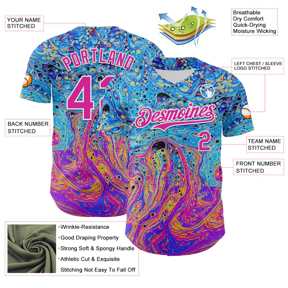 Custom Electric Blue Deep Pink-White 3D Pattern Design Rave Psychedelic Fluid Art Authentic Baseball Jersey - Sky-Custom