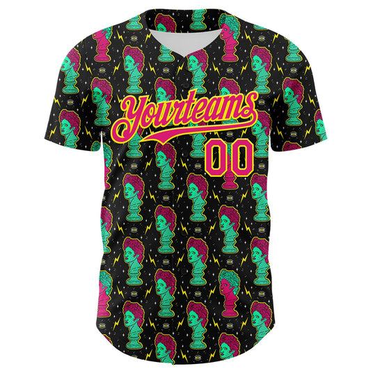 Custom Black Hot Pink-Light Yellow 3D Pattern Design Rave Psychedelic Sculpture Authentic Baseball Jersey - Sky-Custom