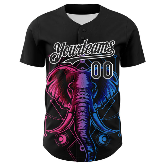 Custom Black White 3D Pattern Design Rave Psychedelic Elephant Authentic Baseball Jersey - Sky-Custom