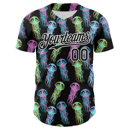 Custom Black White 3D Pattern Design Rave Psychedelic Jellyfish Authentic Baseball Jersey - Sky-Custom