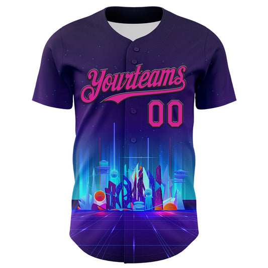 Custom Navy Deep Pink-Black 3D Pattern Design Rave Psychedelic Futuristic City Authentic Baseball Jersey - Sky-Custom