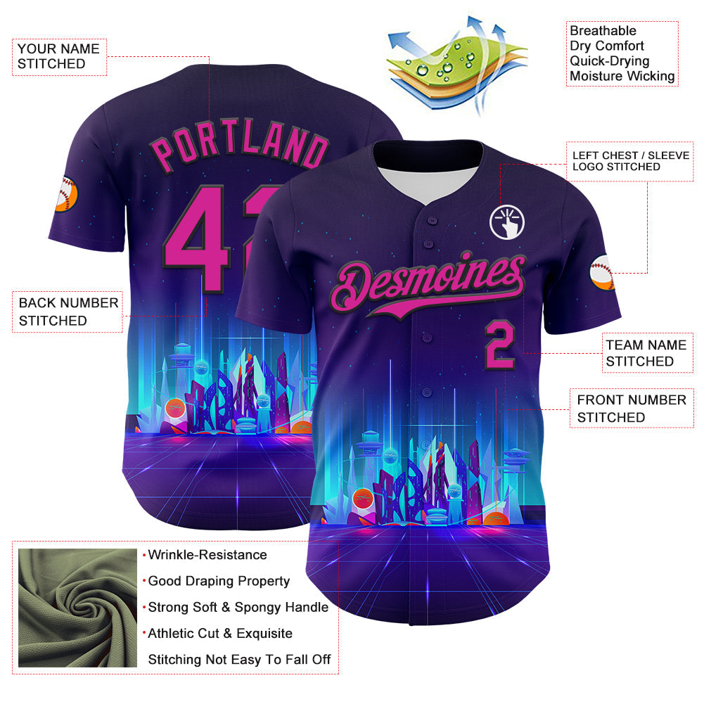 Custom Navy Deep Pink-Black 3D Pattern Design Rave Psychedelic Futuristic City Authentic Baseball Jersey - Sky-Custom