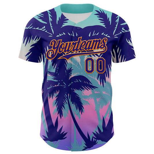 Custom Dark Purple Bay Orange 3D Pattern Design Rave Psychedelic Tropical Palm Tree Authentic Baseball Jersey - Sky-Custom