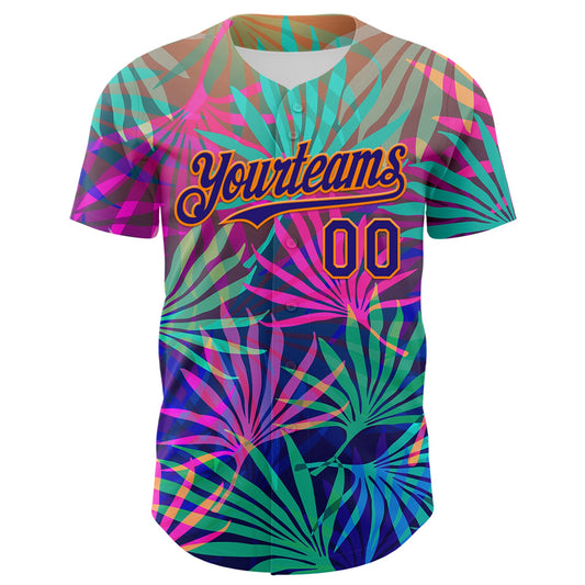 Custom Pink Dark Purple-Bay Orange 3D Pattern Design Rave Psychedelic Tropical Palm Leaves Authentic Baseball Jersey - Sky-Custom