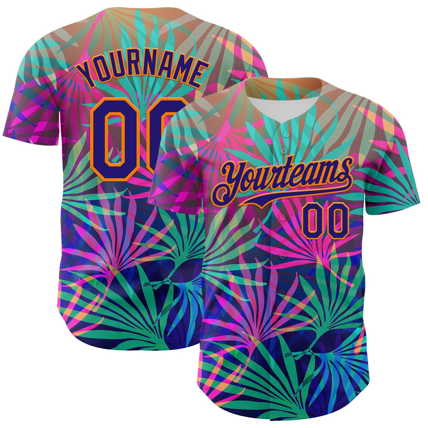Custom Pink Dark Purple-Bay Orange 3D Pattern Design Rave Psychedelic Tropical Palm Leaves Authentic Baseball Jersey - Sky-Custom