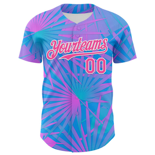 Custom Electric Blue Pink-White 3D Pattern Design Rave Psychedelic Tropical Palm Leaves Authentic Baseball Jersey - Sky-Custom