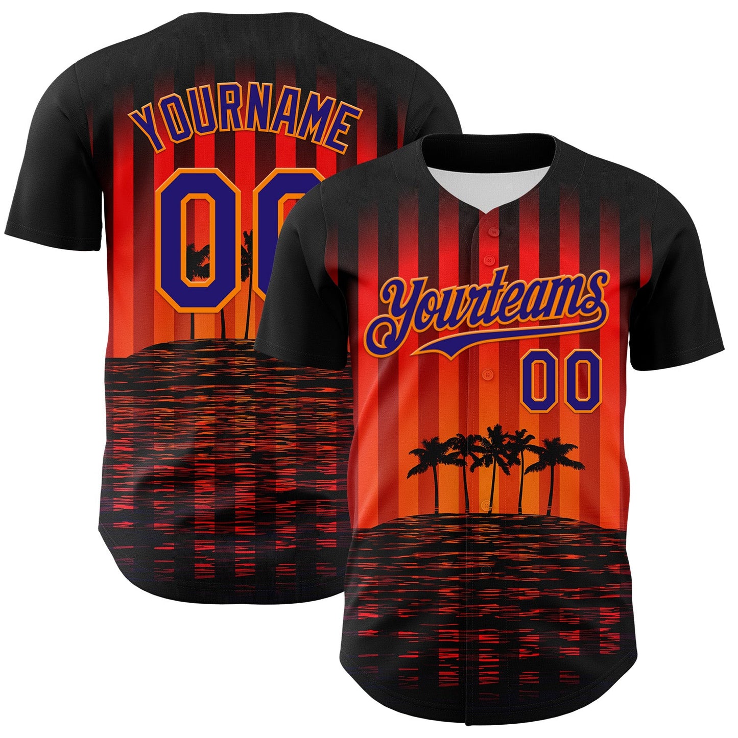 Custom Black Dark Purple-Bay Orange 3D Pattern Design Rave Psychedelic Tropical Palm Tree Authentic Baseball Jersey - Sky-Custom