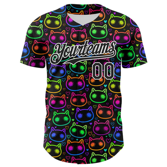 Custom Black White 3D Pattern Design Rave Psychedelic Neon Cartoon Cat Authentic Baseball Jersey - Sky-Custom