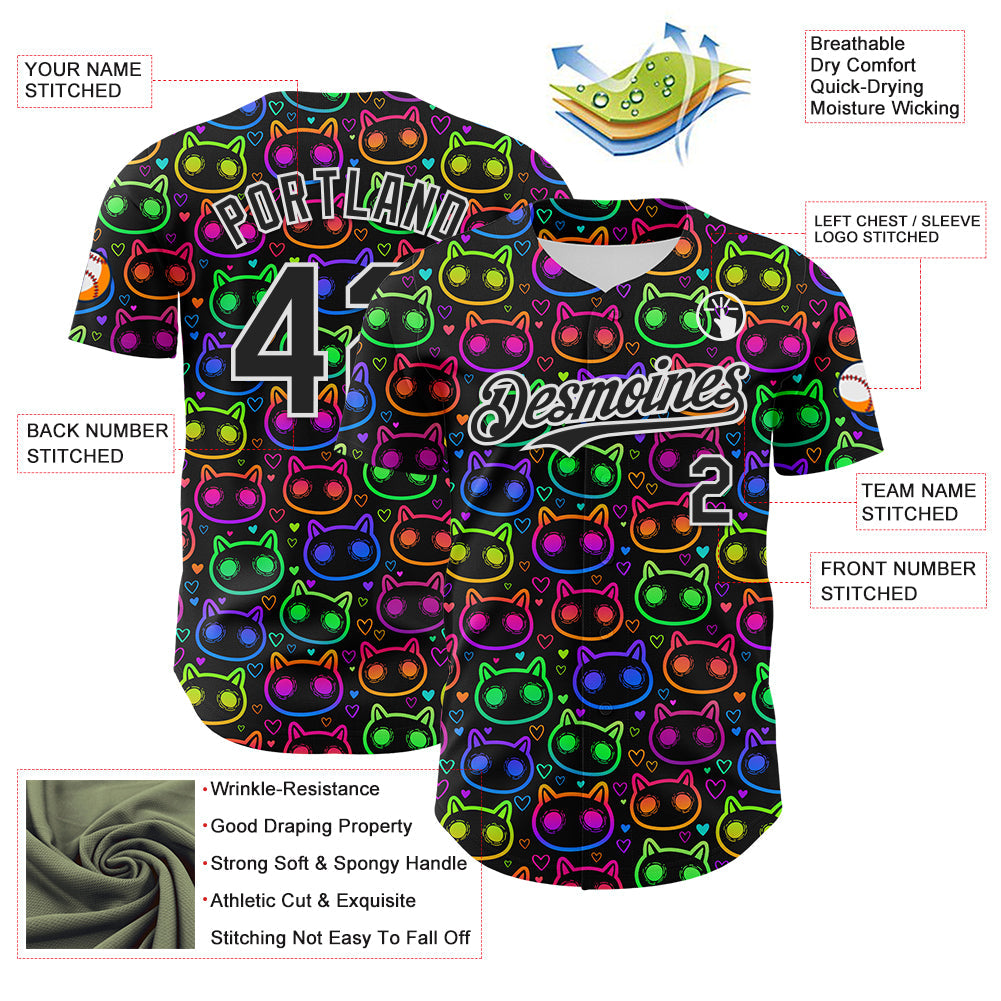 Custom Black White 3D Pattern Design Rave Psychedelic Neon Cartoon Cat Authentic Baseball Jersey - Sky-Custom
