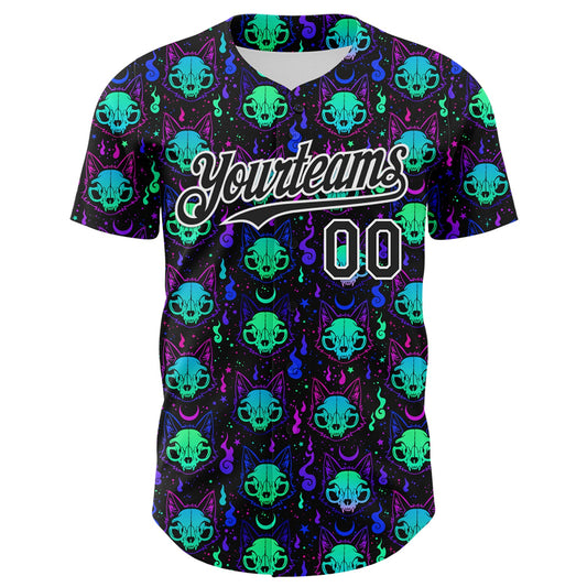 Custom Black White 3D Pattern Design Rave Psychedelic Neon Cat Skull Authentic Baseball Jersey - Sky-Custom