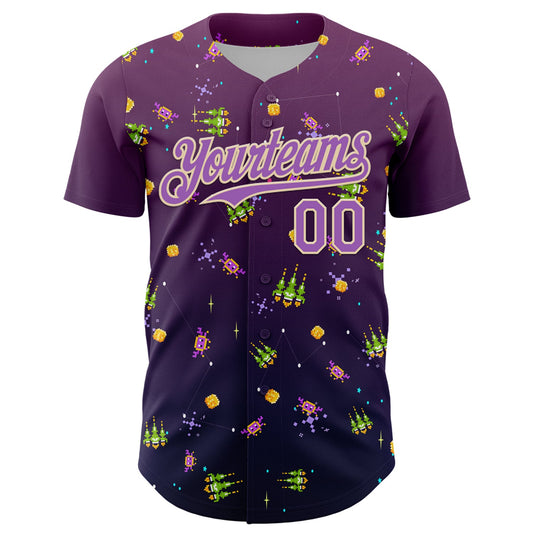Custom Purple Medium Purple-City Cream 3D Pattern Design Retro Pixel Arcade Game Authentic Baseball Jersey - Sky-Custom