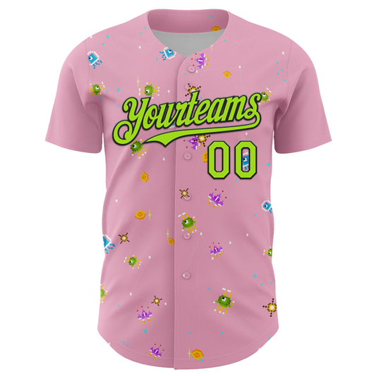 Custom Light Pink Neon Green-Black 3D Pattern Design Retro Pixel Arcade Game Authentic Baseball Jersey - Sky-Custom