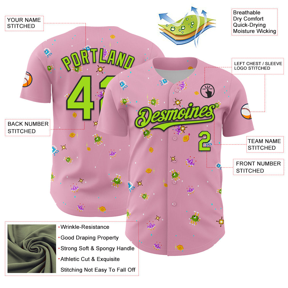Custom Light Pink Neon Green-Black 3D Pattern Design Retro Pixel Arcade Game Authentic Baseball Jersey - Sky-Custom