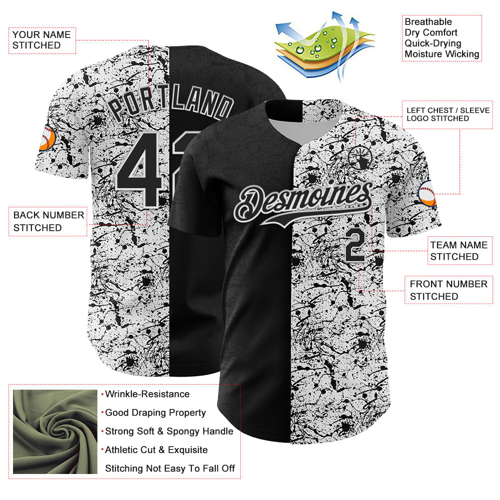 Custom White Black 3D Pattern Design Graffiti Splash Ink Authentic Baseball Jersey - Sky-Custom