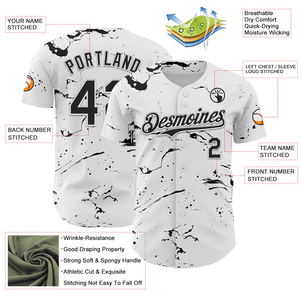 Custom White Black 3D Pattern Design Graffiti Splash Ink Authentic Baseball Jersey - Sky-Custom