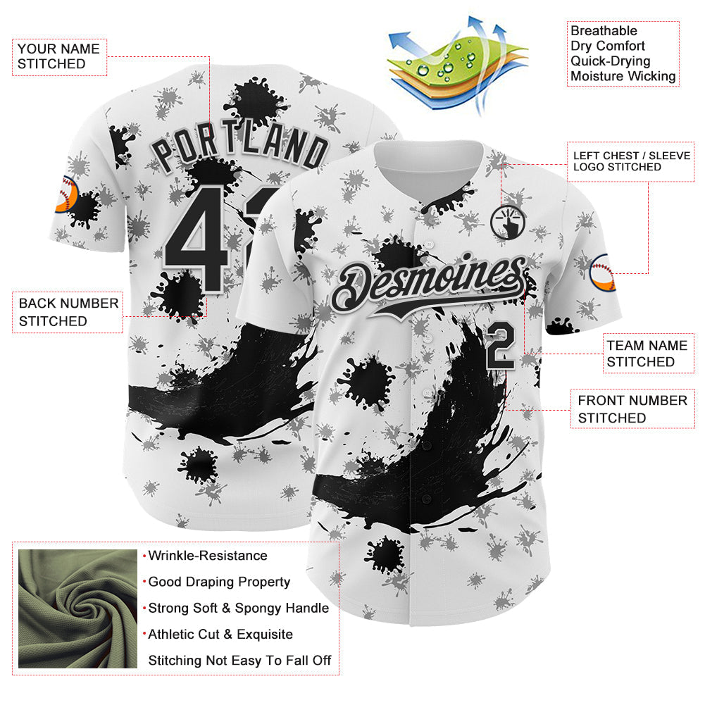 Custom White Black 3D Pattern Design Graffiti Splash Ink Authentic Baseball Jersey - Sky-Custom