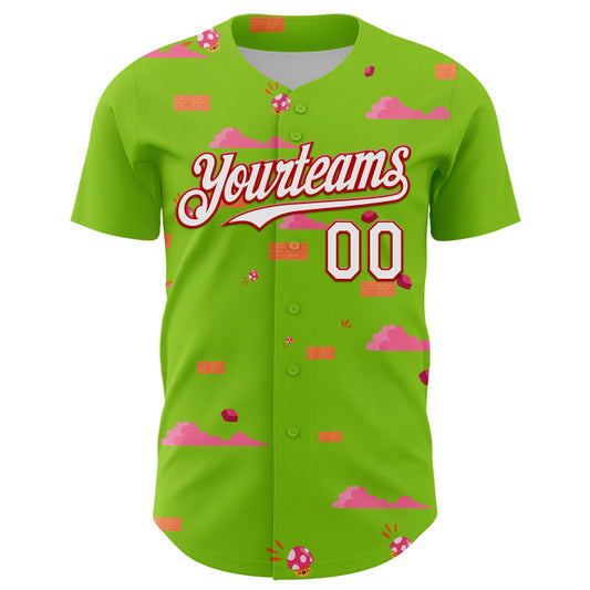 Custom Neon Green White-Red 3D Pattern Design Retro Pixel Arcade Game Authentic Baseball Jersey - Sky-Custom