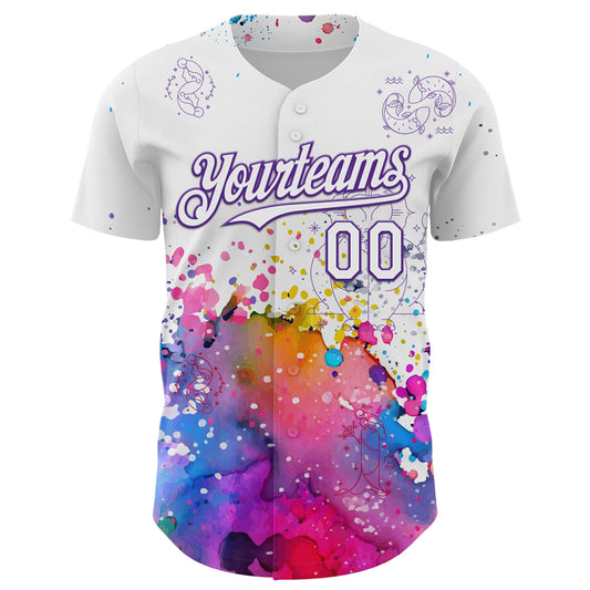 Custom White Purple 3D Pattern Design Graffiti Splash And Constellation Space Galaxy Star Authentic Baseball Jersey - Sky-Custom