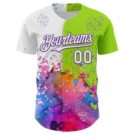 Custom Neon Green White-Purple 3D Pattern Design Graffiti Splash And Constellation Space Galaxy Star Authentic Baseball Jersey - Sky-Custom