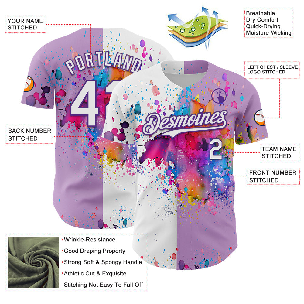 Custom Light Purple White-Purple 3D Pattern Design Graffiti Splash Authentic Baseball Jersey - Sky-Custom