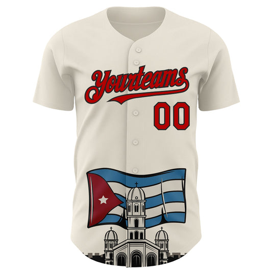 Custom Cream Red-Black 3D Cuba Santiago Cuban Flag Authentic Baseball Jersey - Sky-Custom
