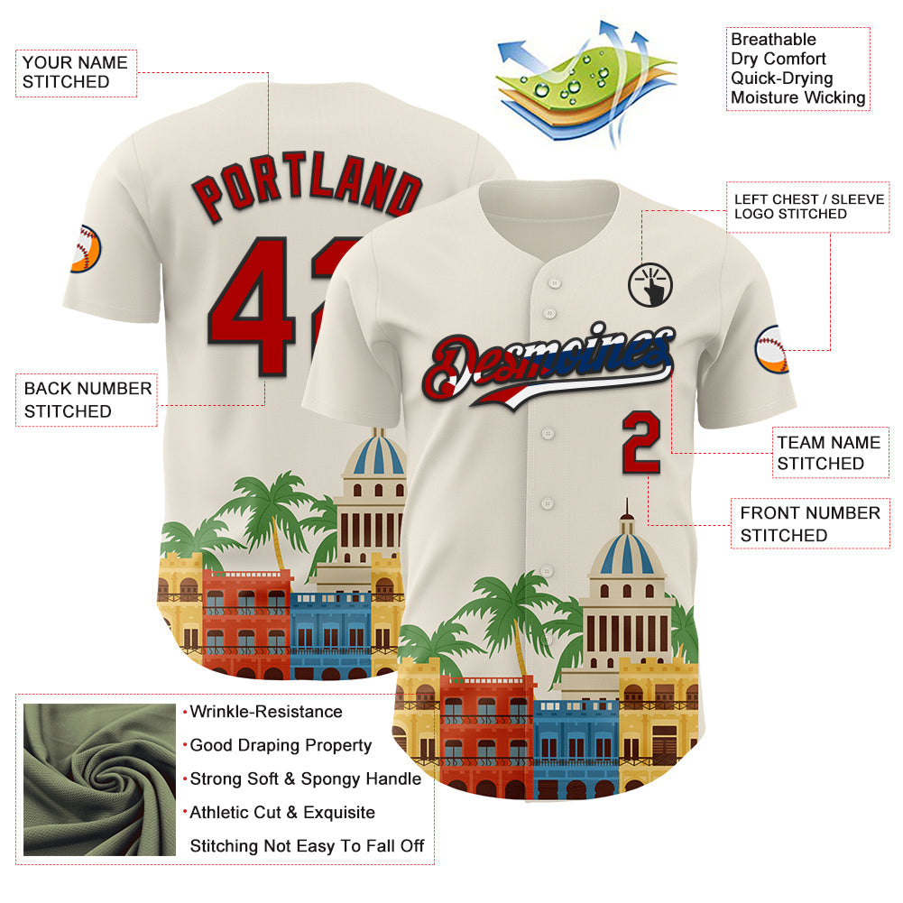 Custom Cream Red Black-Cuban Flag 3D Cuba Havana Authentic Baseball Jersey - Sky-Custom