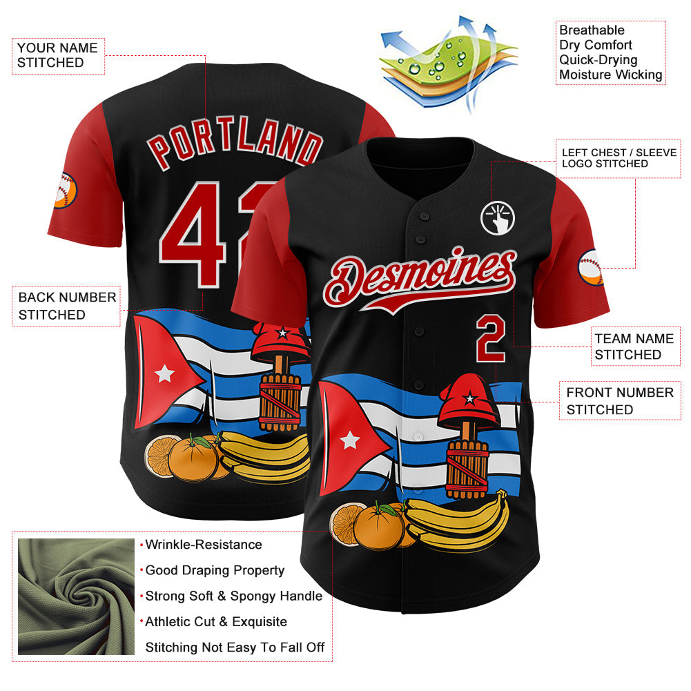 Custom Black Red-White 3D Cuba Cuban Flag Authentic Baseball Jersey - Sky-Custom
