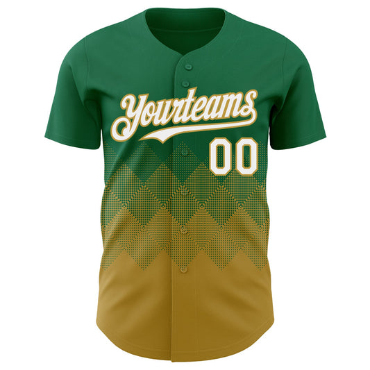 Custom Kelly Green White-Old Gold 3D Gradient Square Shape Authentic Baseball Jersey - Sky-Custom