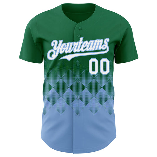 Custom Kelly Green White-Light Blue 3D Gradient Square Shape Authentic Baseball Jersey - Sky-Custom